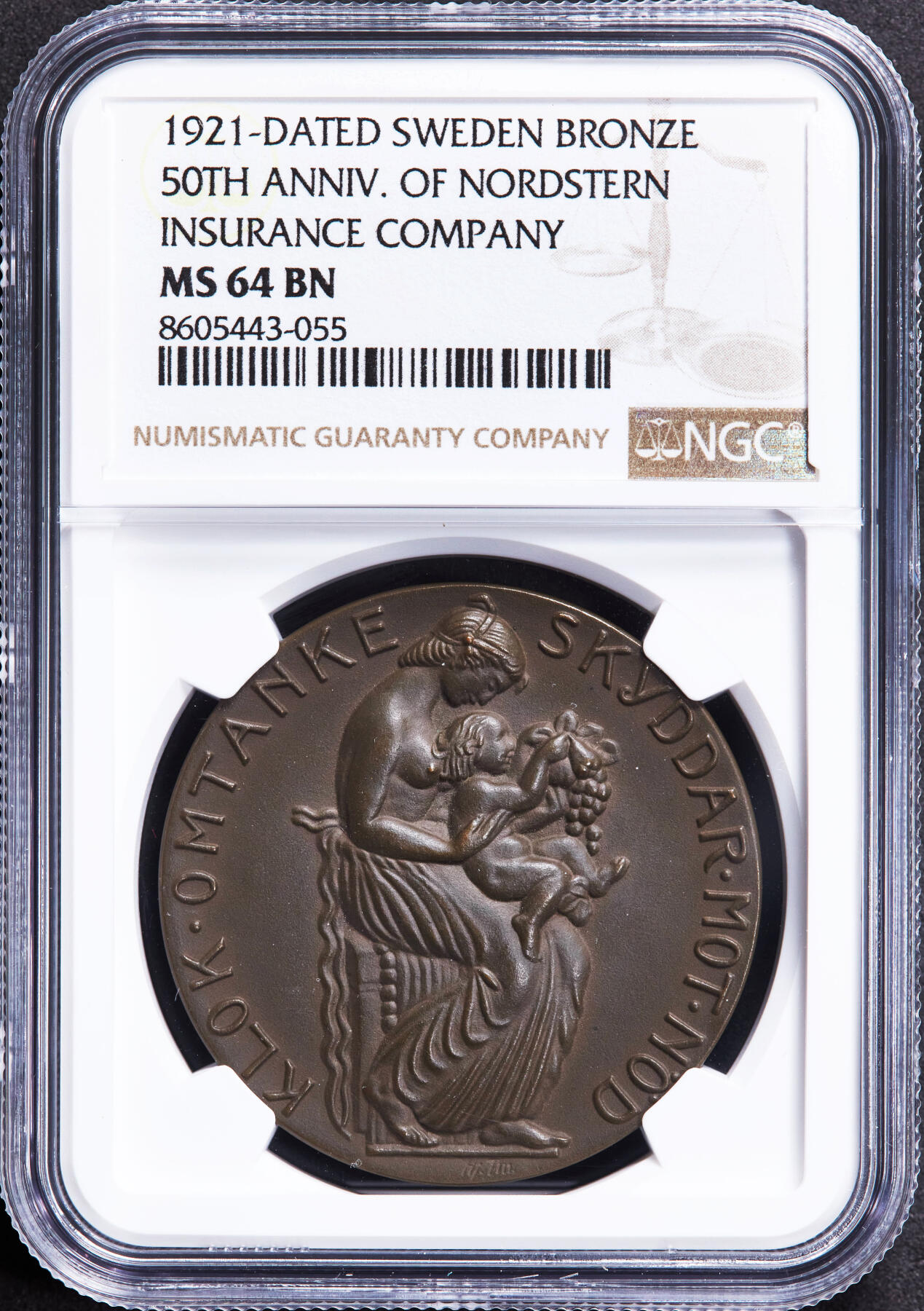 【俄甄集藏】2025年(044)11-12星期三晚 19:30 全场包邮 瑞典1921年纪念诺顿人寿保险公司成立50周年大铜章，NGC MS64，高浮雕设计华丽，巧克力包浆