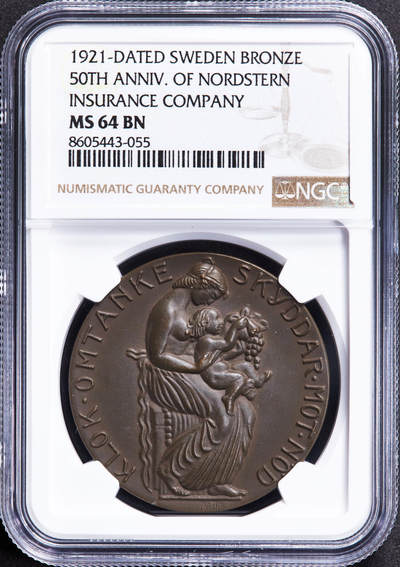 【俄甄集藏】2025年(044)11-12星期三晚 19:30 全场包邮 - 瑞典1921年纪念诺顿人寿保险公司成立50周年大铜章，NGC MS64，高浮雕设计华丽，巧克力包浆