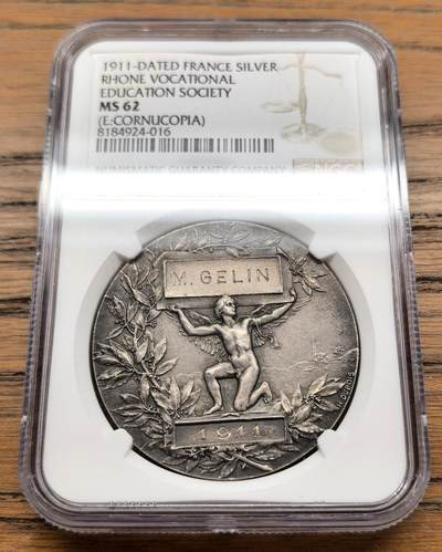凡希社世界钱币微拍第三百十三期 - 1911法国罗纳河职业教育学院纪念银章NGC-MS62