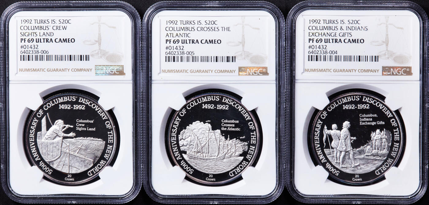 【俄甄集藏】2025年(044)11-12星期三晚 19:30 全场包邮 英属特克斯和凯克斯群岛1992年纪念哥伦布发现新大陆20克朗精制大银币6枚一组，NGC PF69UC，单枚重28.04克，92.5%银，设计精美，成体系难得