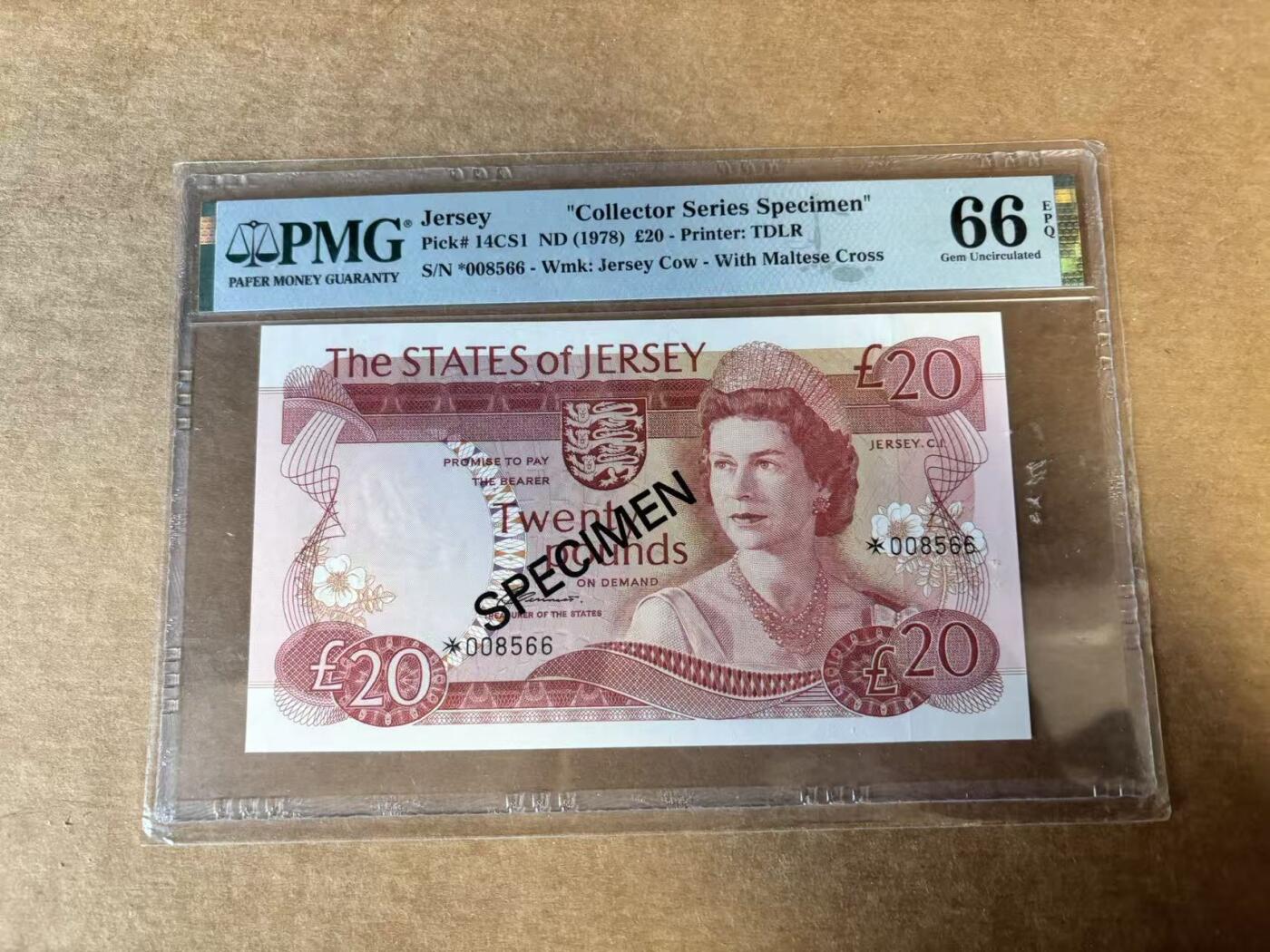 【Blue Auction】世界纸币精拍第745期——18级TOP拍卖/信誉/品质/专业/高效💫 【样钞】泽西 1978年20镑 高冠女王 PMG66EPQ  