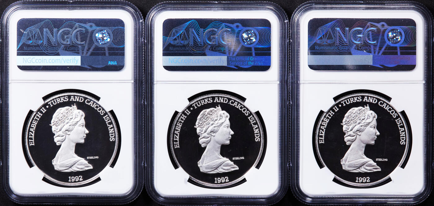【俄甄集藏】2025年(044)11-12星期三晚 19:30 全场包邮 英属特克斯和凯克斯群岛1992年纪念哥伦布发现新大陆20克朗精制大银币6枚一组，NGC PF69UC，单枚重28.04克，92.5%银，设计精美，成体系难得