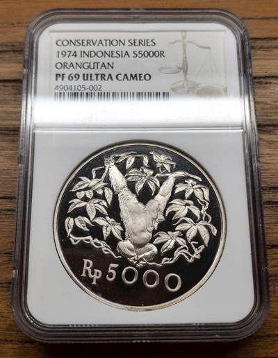 凡希社世界钱币微拍第三百十三期 - 1974印度尼西亚红毛猩猩5000卢比大银精铸NGC-PF69UC