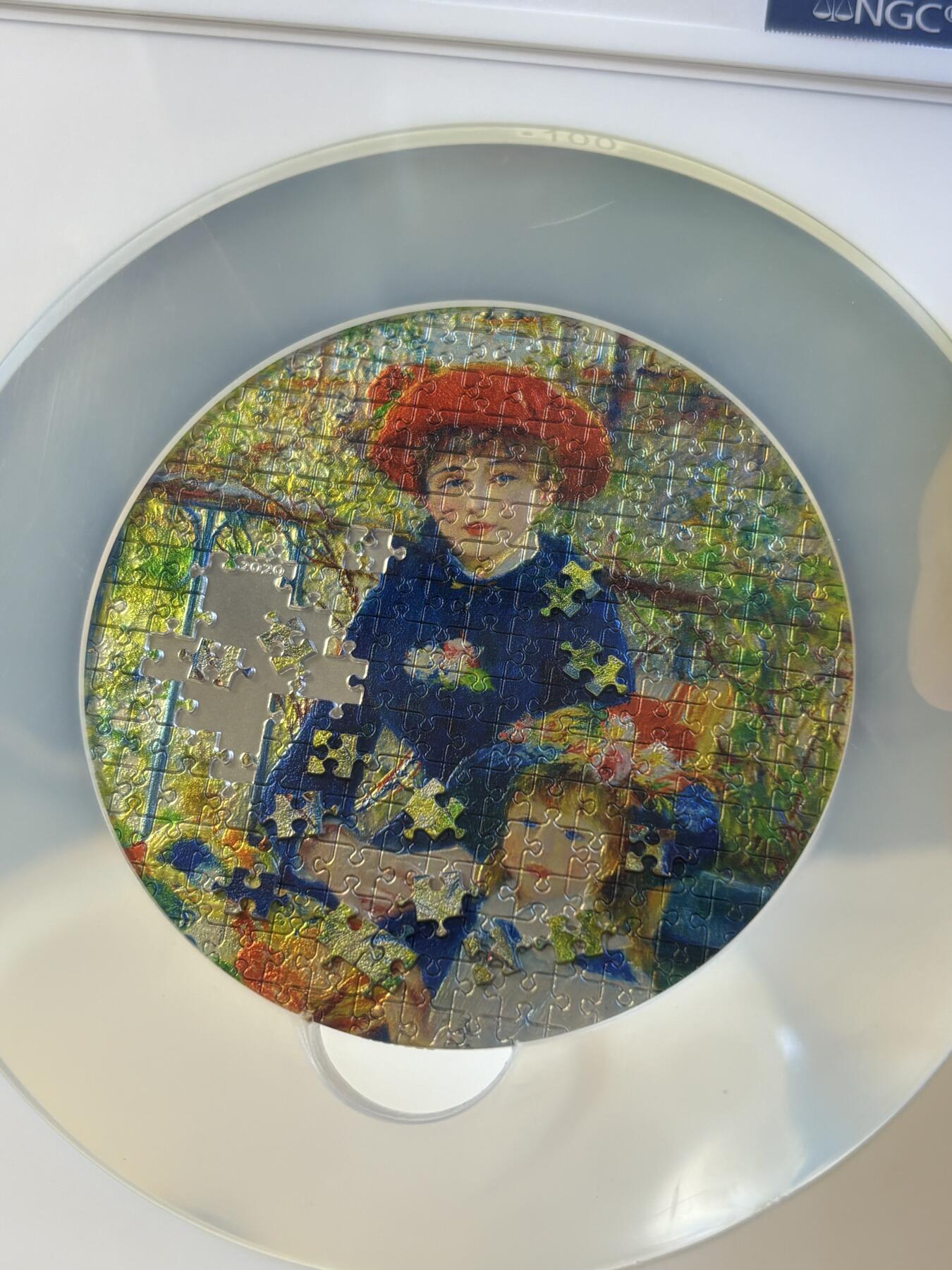 第180期拍卖【长期征集拍品】【北京币展专场】 获奖帕劳2020年拼图系列雷阿诺-两个姐妹3盎司银币NGC-PF70首原盒证书，获得2021年度钱币之星最佳原创技术币大奖第一枚，999银，发行499枚