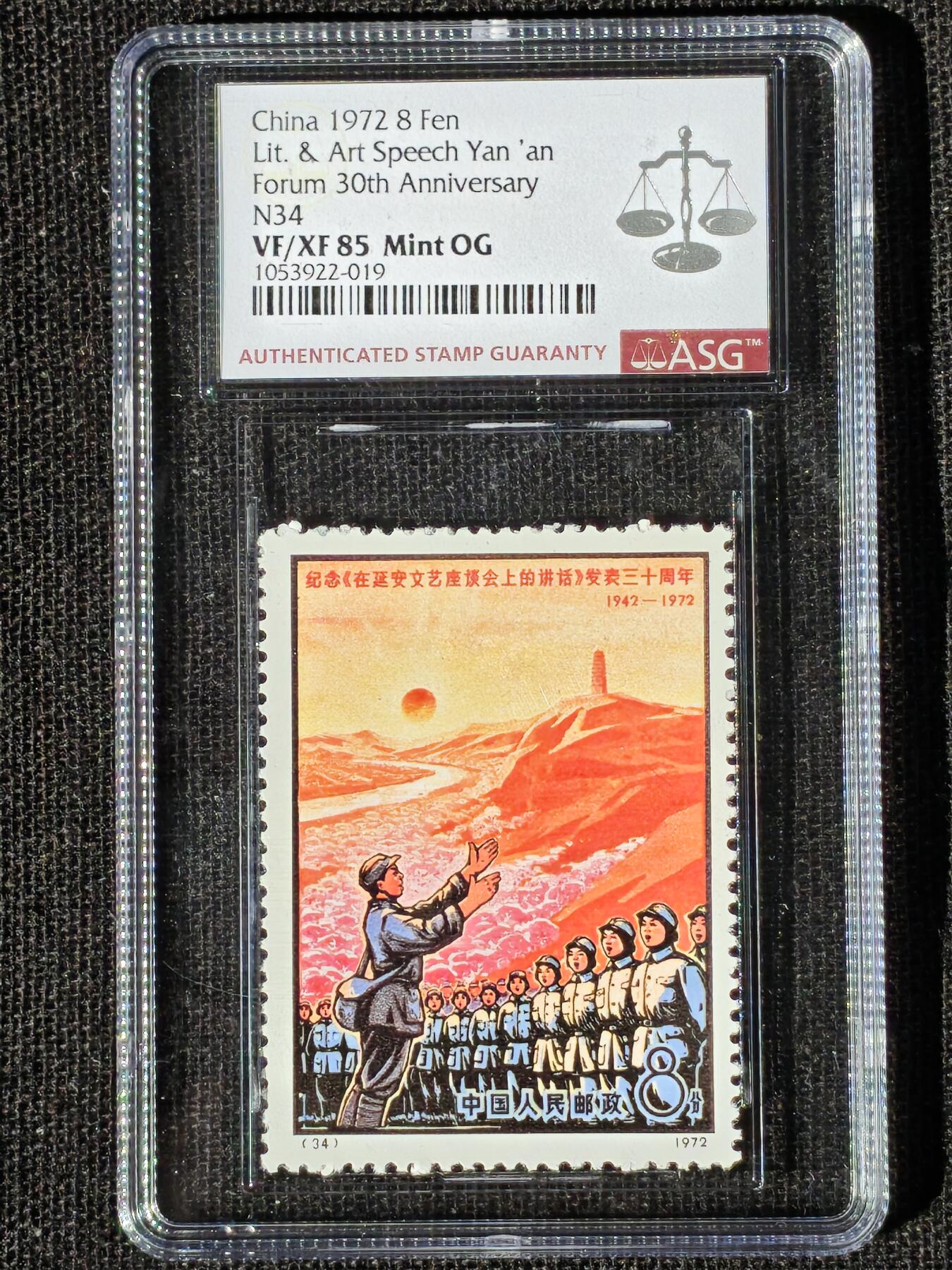 刘世昌艺术品销售中心～虎踞龙蟠*金杨在线联拍群第508期 1972年N33-38 《延安文艺座谈会上的讲话》 编号邮票（ASG VF/XF85 串号：1053922-025～017、019、020、022、024、027 ）一套6枚。