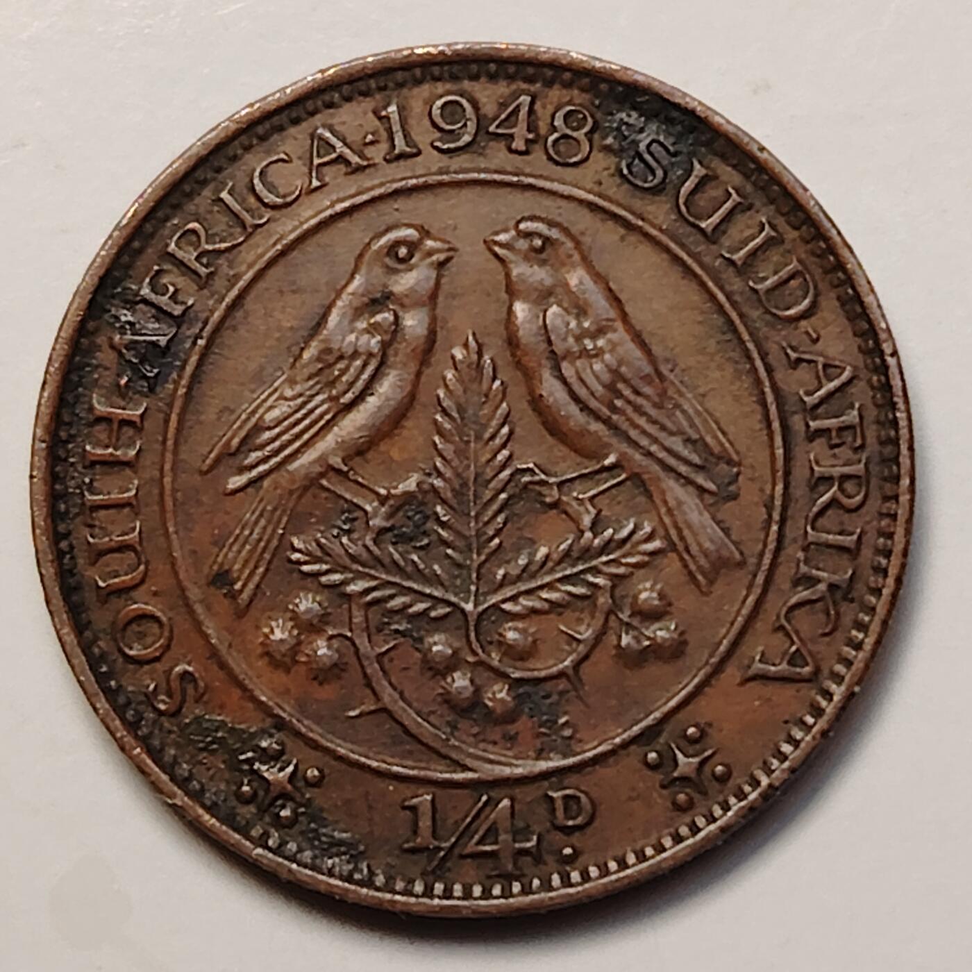 布加迪🐬～世界钱币(上海)🌾第 256 期 /  各国套币和散币 南非🇿🇦 1948年 1/4便士