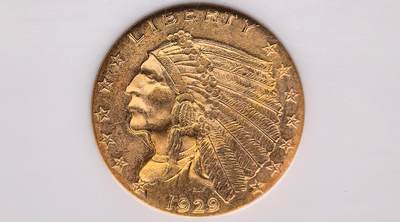 凡希社世界钱币微拍第三百十三期 - 1929美国印第安头像2.5元金币NGC-MS63，充满力量感的的一款钱币图案，比女神版更受欢迎的设计，4.18g，900金。