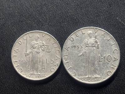 邮泉阁限时拍卖第三十四场 圣马力诺、梵蒂冈、意大利硬币专场（硬币在国外。请付邮费6元。） - 梵蒂冈教宗庇护十二世1953年2枚