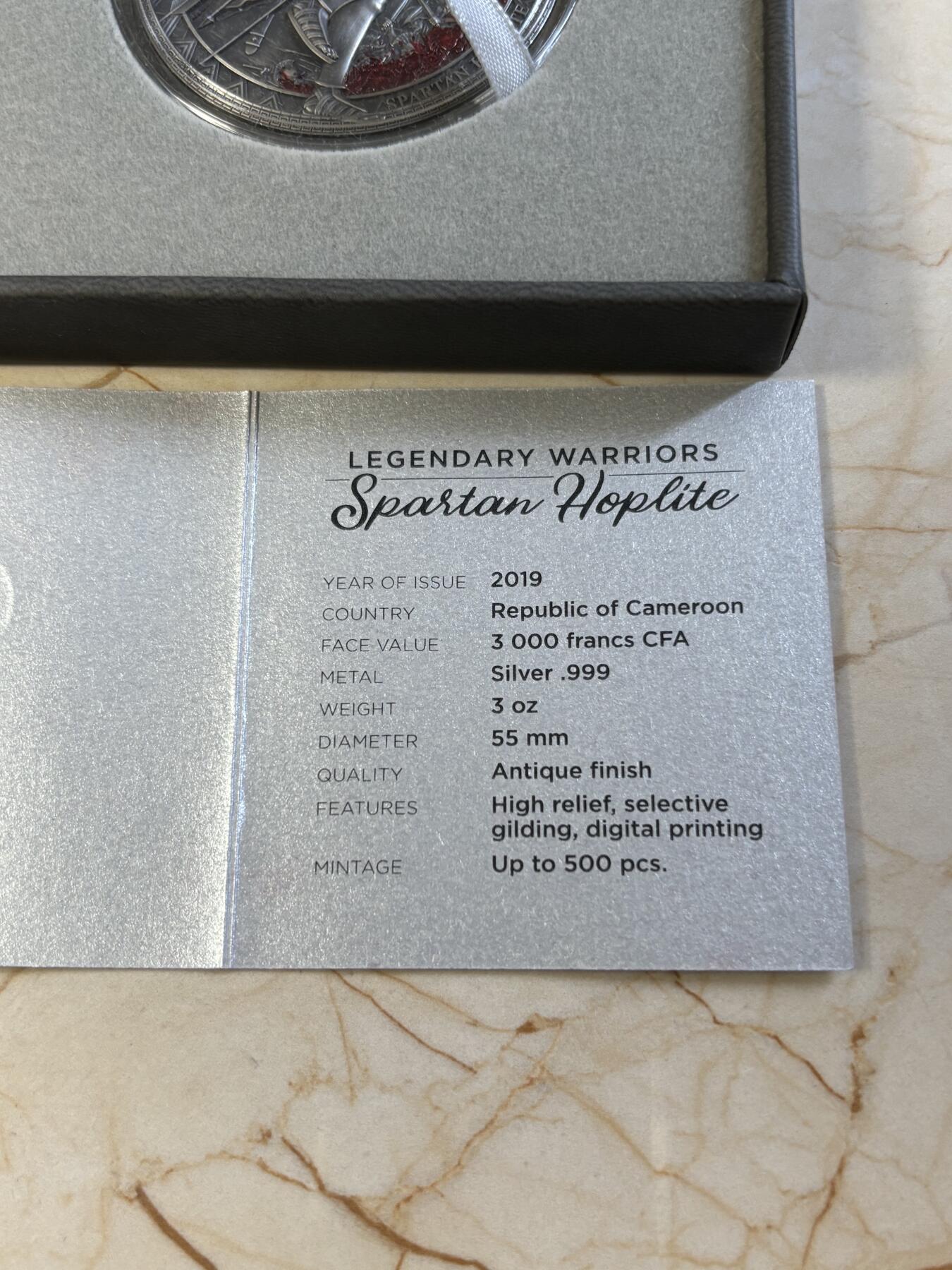 第180期拍卖【长期征集拍品】【北京币展专场】 喀麦隆2019年勇士系列1斯巴达战士高浮雕仿古银币，999银，发行500枚