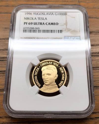 凡希社世界钱币微拍第三百十三期 - 1996南斯拉夫纪念尼古拉·特斯拉诞辰140周年纪念1000D金币精铸NGC-PF69UC，8.64g，900金，发行仅1000枚，稀有品种。马斯克的电动车品牌即取自他最为敬仰的这位塞裔美国籍物理学家。