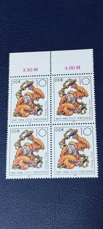 德国邮票专场，都是四方联 - 德国邮票四方连，1986年发行，德累斯顿动物园  灵长类动物，品相如图