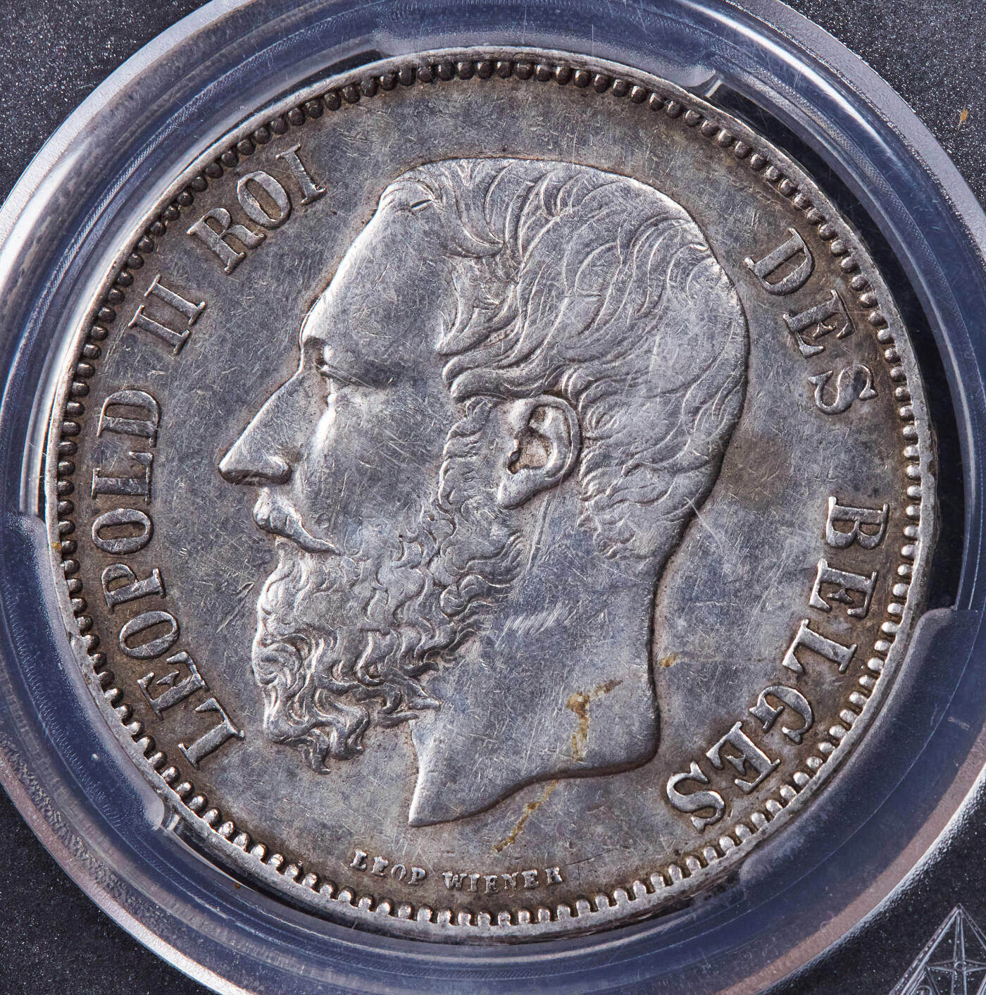 【俄甄集藏】2025年(044)11-12星期三晚 19:30 全场包邮 比利时1873年利奥波德二世5法郎大银币，ACGS AU53，原味状态，细节尚佳