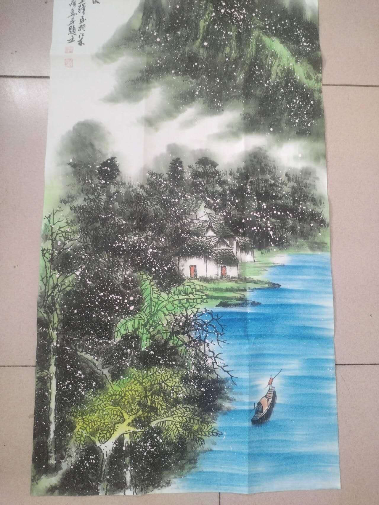 字画专场 王辉老师。傍水人家，手绘作品，100*50cm。