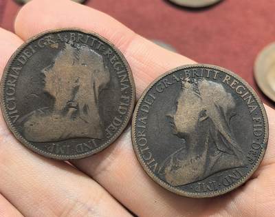 南宋泉阁俄币 外币 国币 专场第十八期 【送拍无额外佣金】 - 英国 1895/1898年 维多利亚1便士一对 通货 老包浆