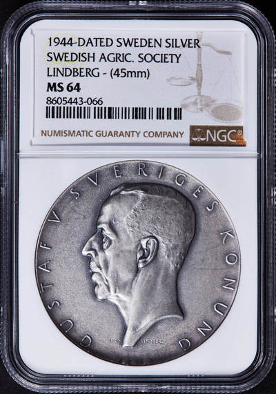 【俄甄集藏】2025年(044)11-12星期三晚 19:30 全场包邮 - 瑞典1944年古斯塔夫五世头像国立农业协会纪念大银章，NGC MS64，磨砂底板，名家林德伯格作品，加厚盒