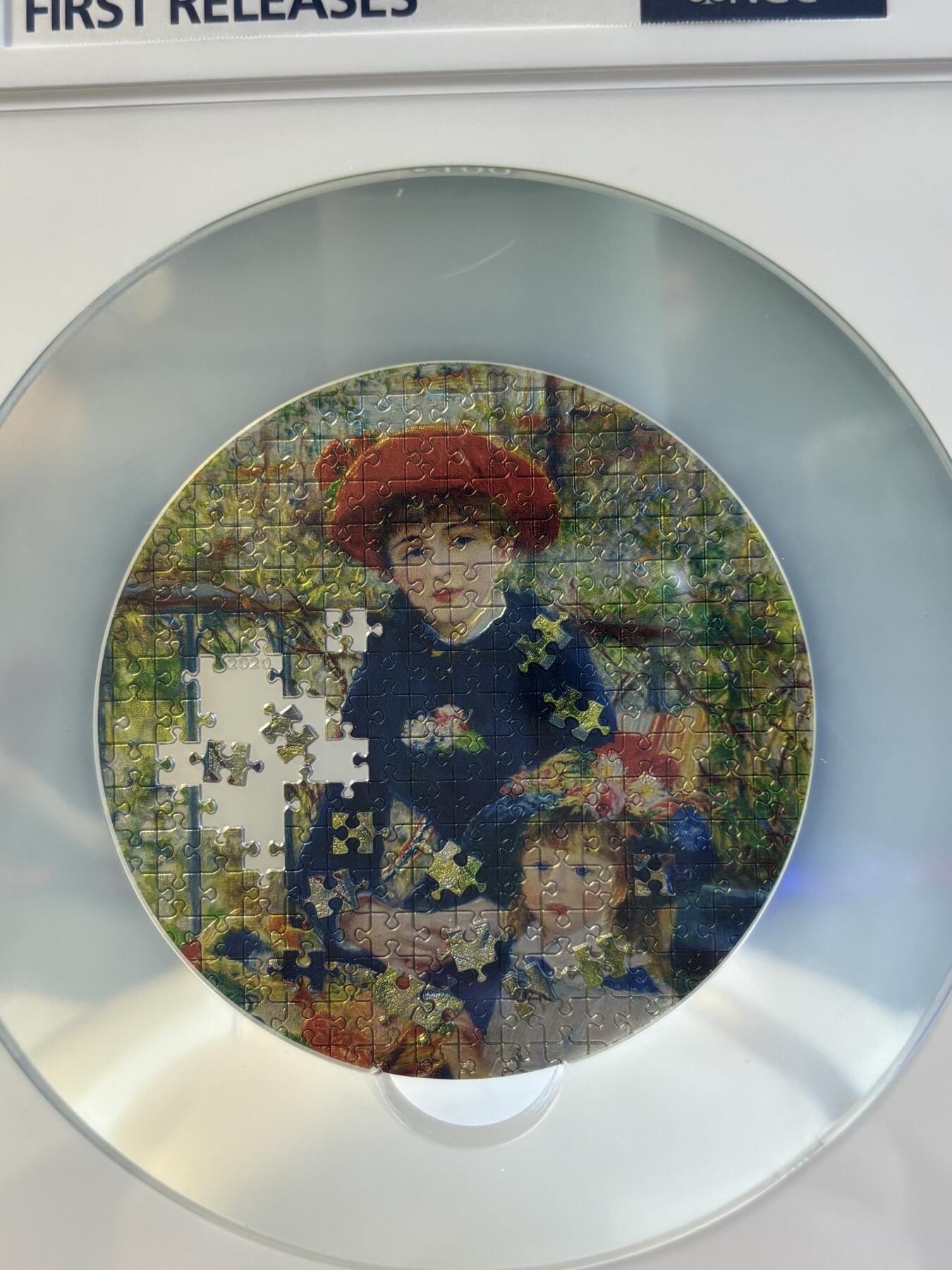 第180期拍卖【长期征集拍品】【北京币展专场】 获奖帕劳2020年拼图系列雷阿诺-两个姐妹3盎司银币NGC-PF70首原盒证书，获得2021年度钱币之星最佳原创技术币大奖第一枚，999银，发行499枚