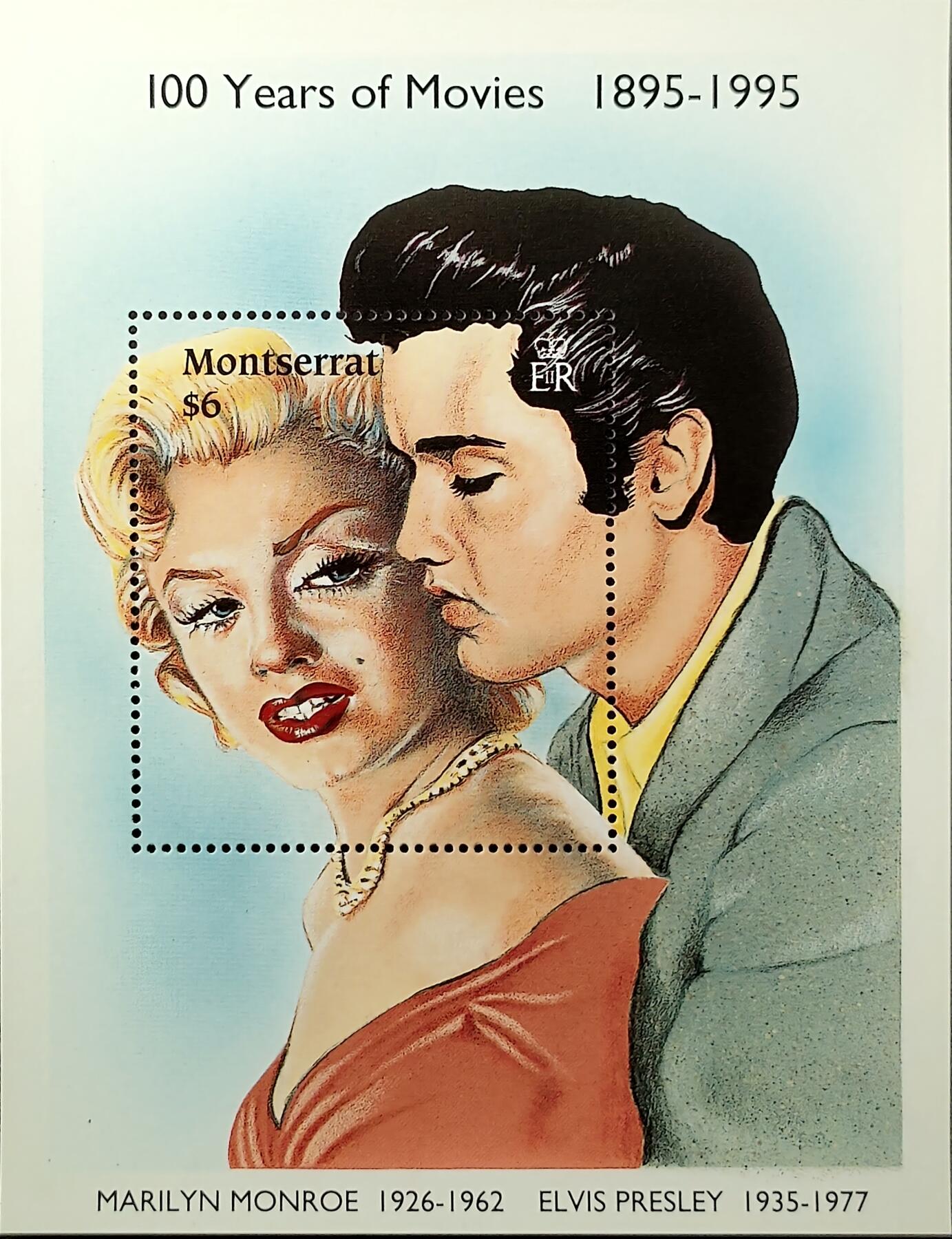 ↓君缘收藏640期☞钱币邮品↓无佣金、可寄存、满30元包邮  蒙特塞拉特邮票，1995年电影百年，梦露和猫王邮票小型张
