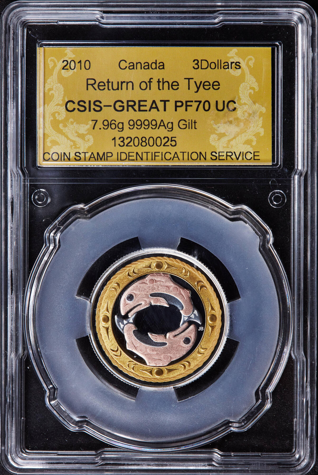 【俄甄集藏】2025年(044)11-12星期三晚 19:30 全场包邮 加拿大2010年奇努克鲑鱼洄游-生命循环3元精制三色银币，信泰 PF70UC，重7.96克，999银，发行量8301枚，加拿大首枚镀黄金、镀玫瑰金的3色精制银币，稀少品种
