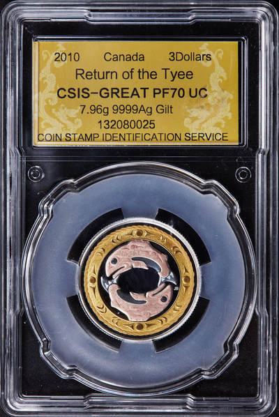 【俄甄集藏】2025年(044)11-12星期三晚 19:30 全场包邮 - 加拿大2010年奇努克鲑鱼洄游-生命循环3元精制三色银币，信泰 PF70UC，重7.96克，999银，发行量8301枚，加拿大首枚镀黄金、镀玫瑰金的3色精制银币，稀少品种