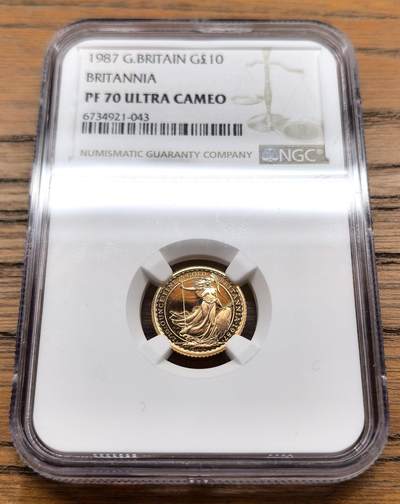 凡希社世界钱币微拍第三百十三期 - 1987英国不列颠尼亚10镑金币NGC-PF70UC收藏级，3.41g，917金。