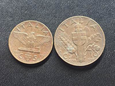 邮泉阁限时拍卖第三十四场 圣马力诺、梵蒂冈、意大利硬币专场（硬币在国外。请付邮费6元。） - 意大利王国维克托·伊曼纽尔三世1938年2枚