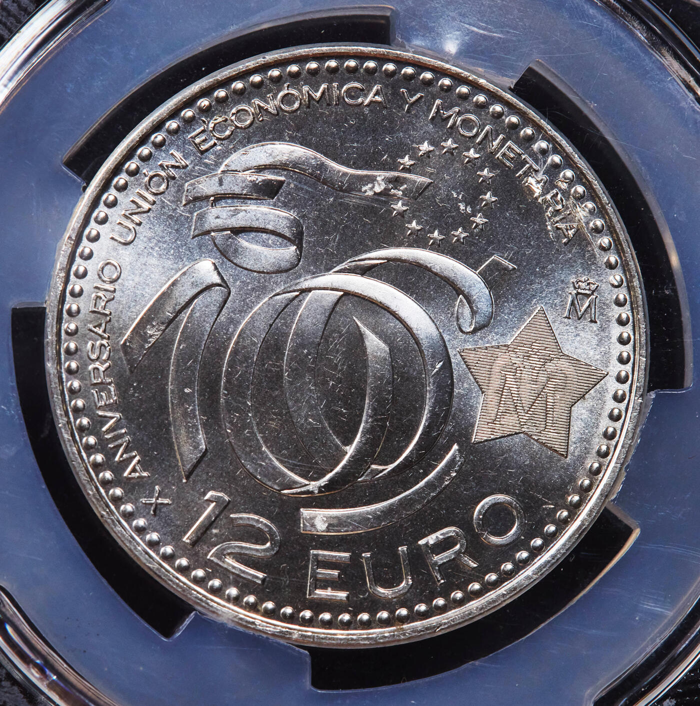 【俄甄集藏】2025年(044)11-12星期三晚 19:30 全场包邮 西班牙2009年欧洲货币联盟成立10周年12欧元防伪标纪念银币，信泰 MS66，重18克，92.5%银