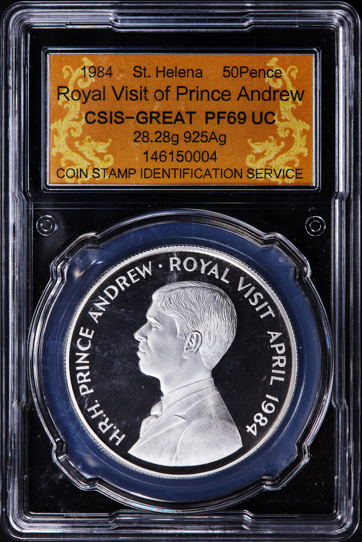 【俄甄集藏】2025年(044)11-12星期三晚 19:30 全场包邮 英属圣赫勒拿岛1984年纪念安德鲁王子皇室访问50便士精制大银币，信泰 PF69UC，重28.28克，92.5%银，发行量5000枚，少见品种
