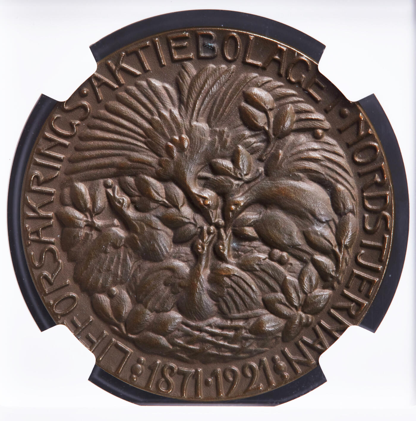 【俄甄集藏】2025年(044)11-12星期三晚 19:30 全场包邮 瑞典1921年纪念诺顿人寿保险公司成立50周年大铜章，NGC MS64，高浮雕设计华丽，巧克力包浆