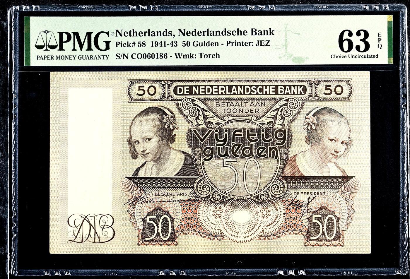 【Blue Auction】世界纸币精拍第745期——18级TOP拍卖/信誉/品质/专业/高效💫 【倒置号少见】荷兰 1941年首年 50盾 吃牡蛎的小女孩 PMG63EPQ 全新原票 设计非常漂亮经典