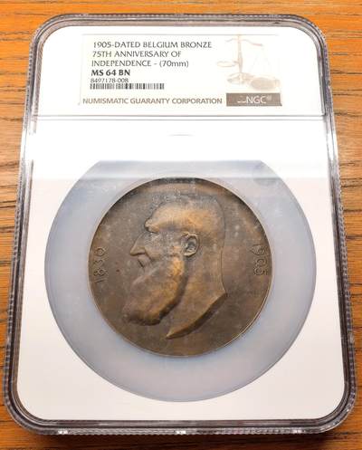 凡希社世界钱币微拍第三百十三期 - 1905比利时独立75周年纪念大铜章NGC-MS64，科学指引进步，浅浮雕的铸造工艺难度更大。