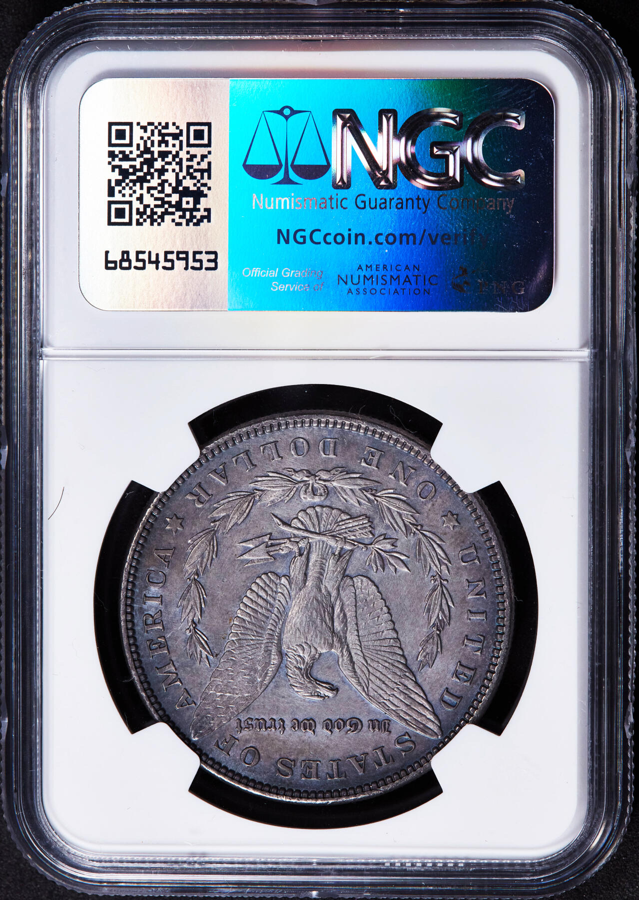 【俄甄集藏】2025年(044)11-12星期三晚 19:30 全场包邮 美国1896年摩根1美元大银币，NGC AUD，单面环彩，丹麦紫罗兰酱彩