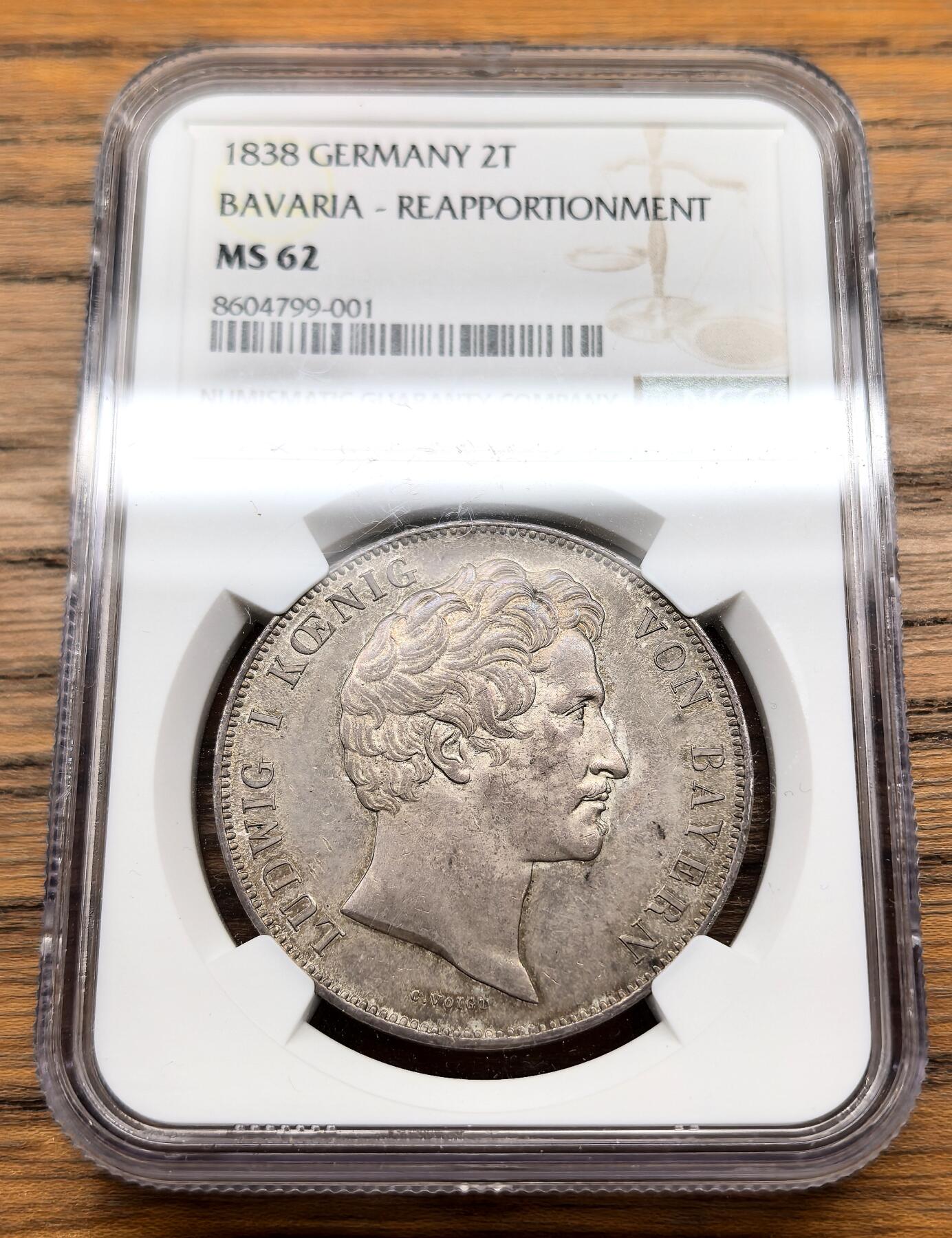 凡希社世界钱币微拍第三百十三期 荐！1838德国巴伐利亚行政区域重新界定纪念2泰勒大银NGC-MS62，灰彩哑光，色调丰富韵味十足的收藏级品质。