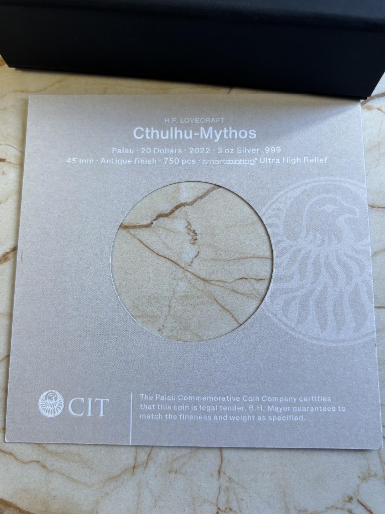 第180期拍卖【长期征集拍品】【北京币展专场】 帕劳2022年克苏鲁的呼唤3盎司仿古纪念银币，999银发行750枚，没有黑色纸套