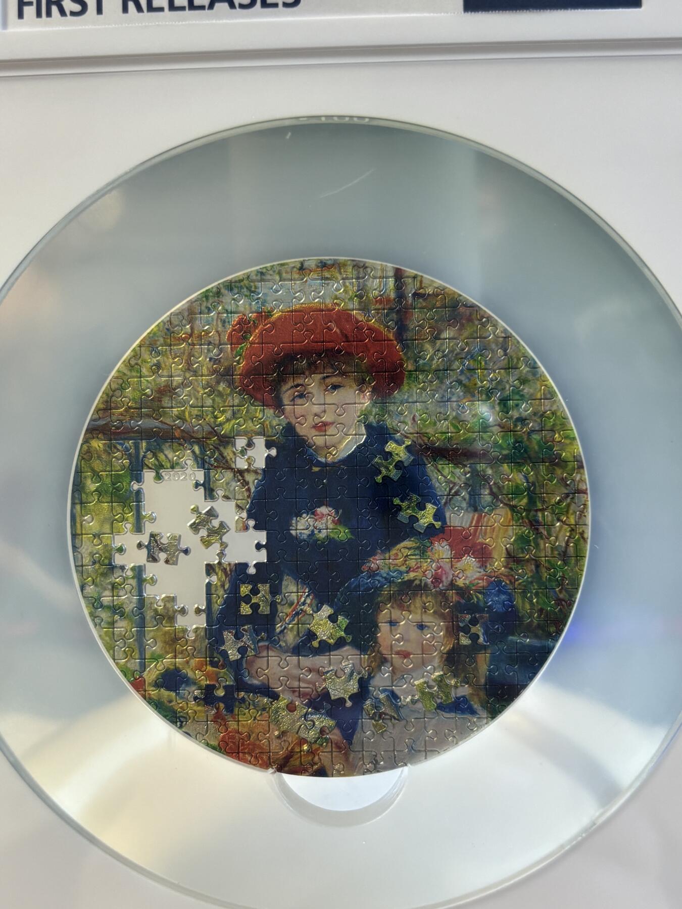 第180期拍卖【长期征集拍品】【北京币展专场】 获奖帕劳2020年拼图系列雷阿诺-两个姐妹3盎司银币NGC-PF70首原盒证书，获得2021年度钱币之星最佳原创技术币大奖第一枚，999银，发行499枚