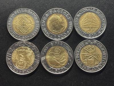 邮泉阁限时拍卖第三十四场 圣马力诺、梵蒂冈、意大利硬币专场（硬币在国外。请付邮费6元。） - 意大利500里拉纪念币6枚