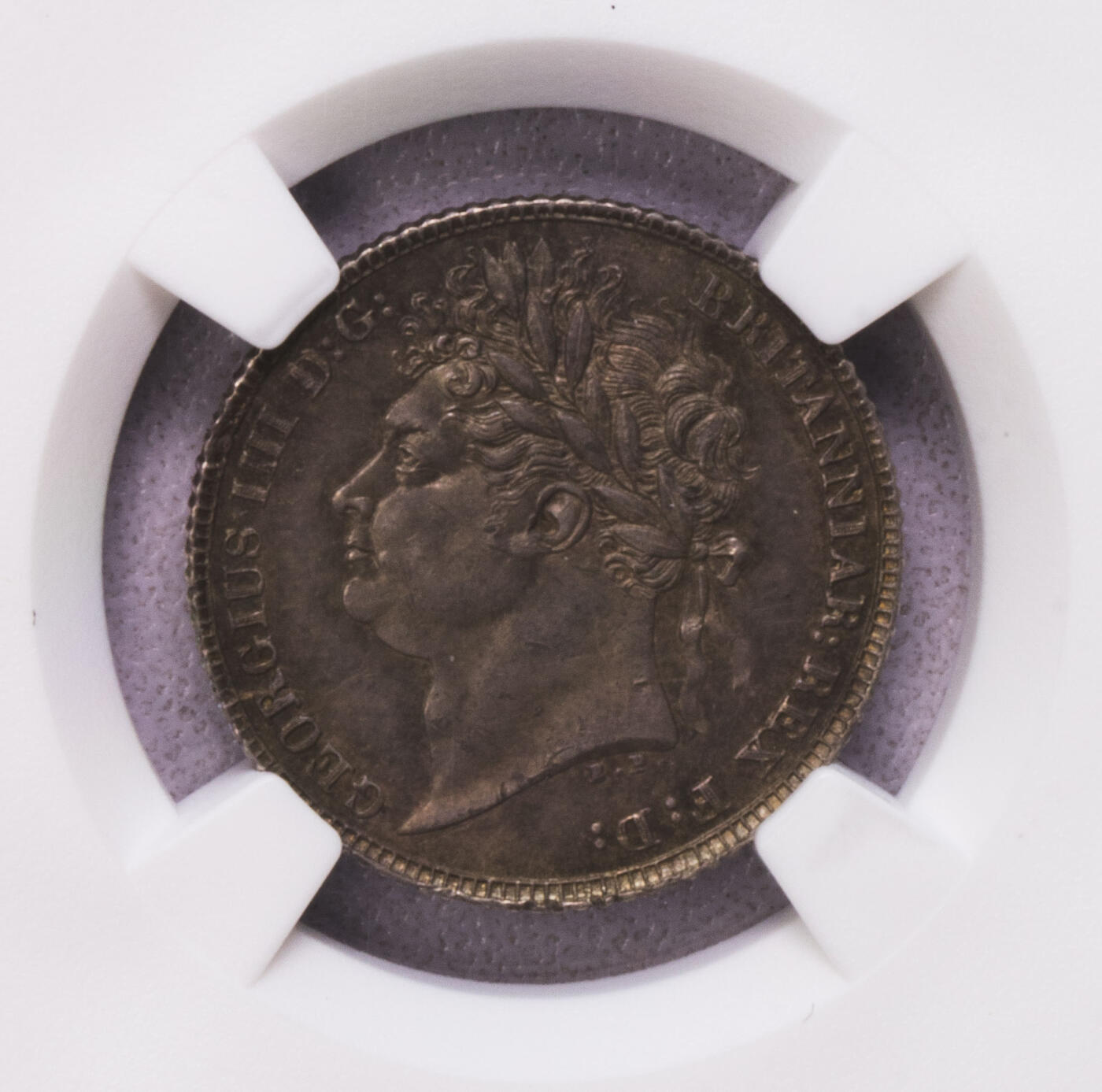 NGC-MS63 1821英国乔四6便士银币 五彩包浆