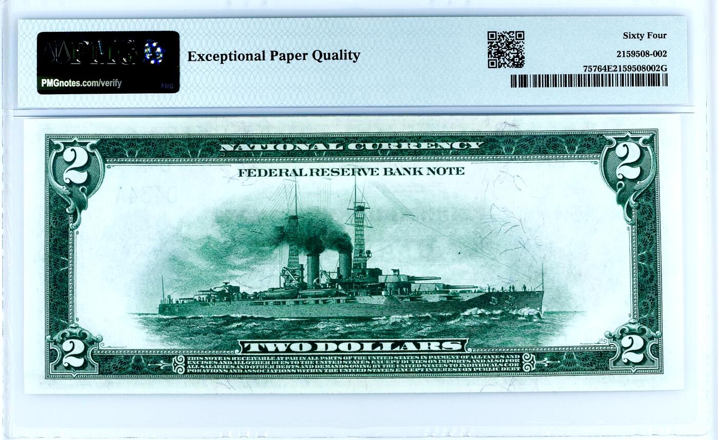 【Blue Auction】世界纸币精拍第745期——18级TOP拍卖/信誉/品质/专业/高效💫  【434雷达号 短号版 百位小号】美国 1918年2美金 FRBN联邦储备银行券 经典BattleShip 军舰雕刻精美 大票幅 杰弗逊 PMG64EPQ 全新原票 克利夫兰版
