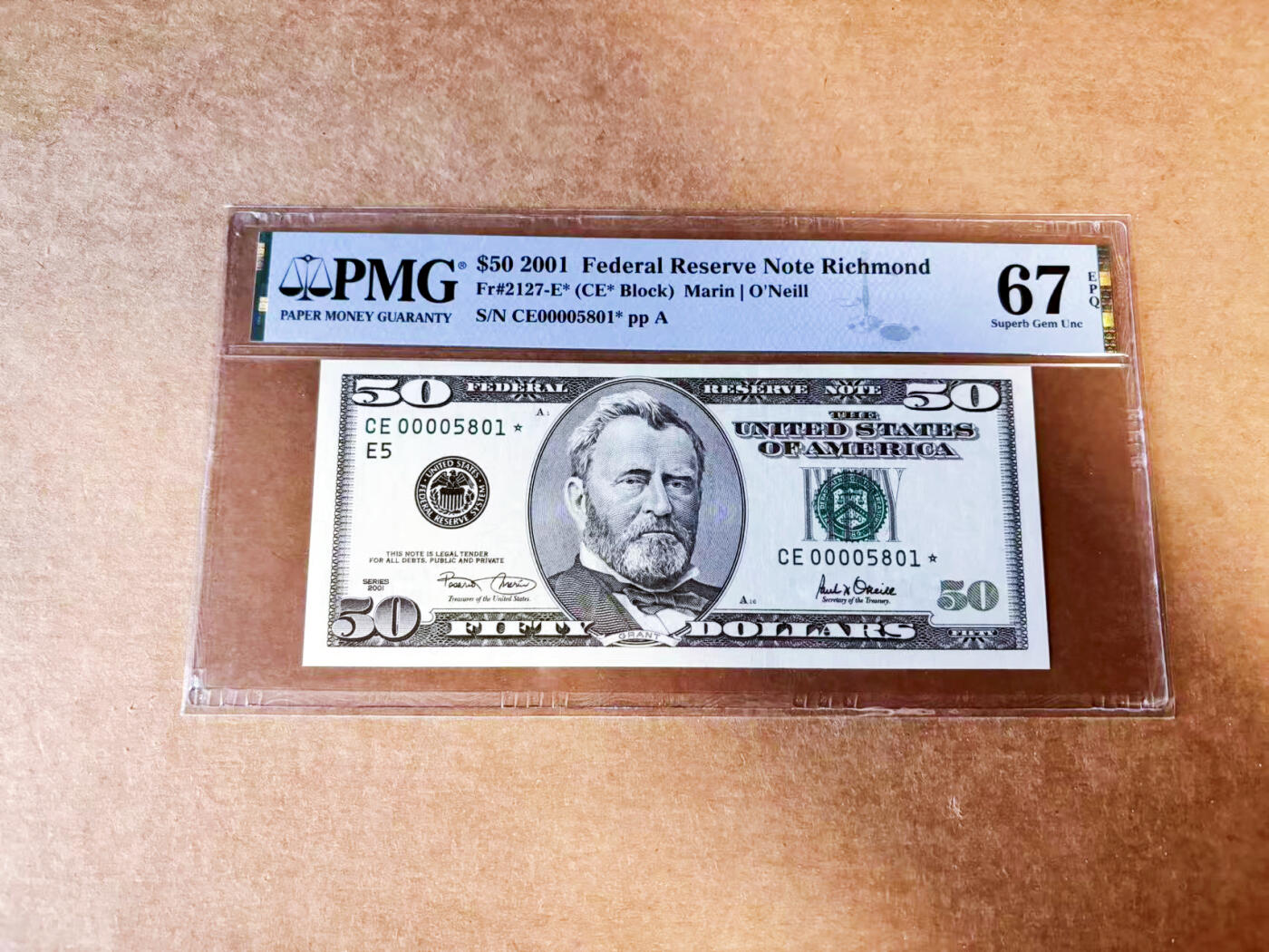 【Blue Auction】世界纸币精拍第745期——18级TOP拍卖/信誉/品质/专业/高效💫 【千位小号补号无47】美国 2001年50美金 少见里士满版 PMG67EPQ 高分