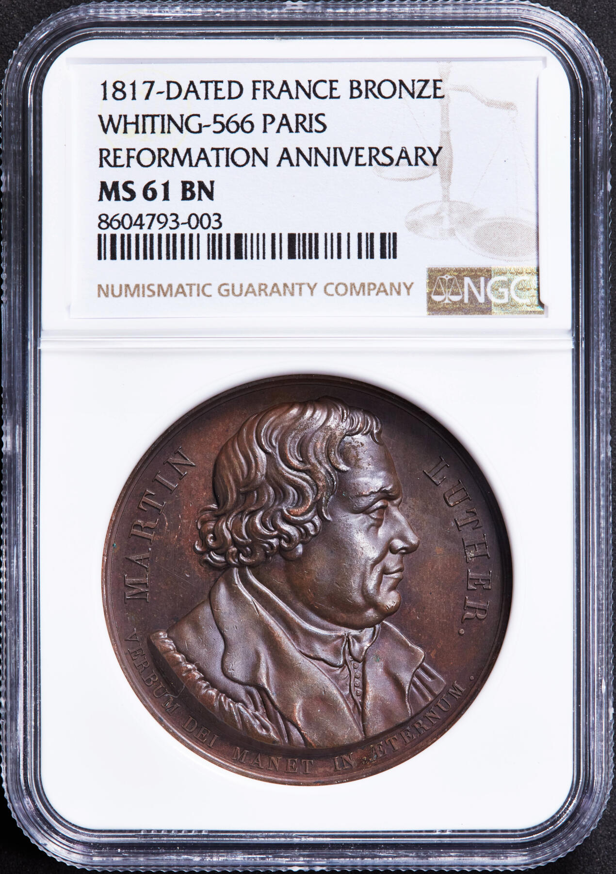 【俄甄集藏】2025年(044)11-12星期三晚 19:30 全场包邮 法国历史事件系列1817年纪念马丁·路德宗教改革“九十五条论纲”颁布300周年大铜章，NGC MS61，高浮雕