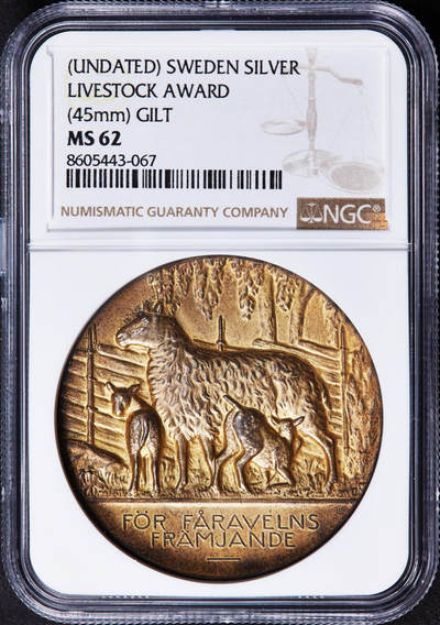 【俄甄集藏】2025年(044)11-12星期三晚 19:30 全场包邮 - 瑞典19世纪畜牧业推广牧羊镀金大银章，NGC MS62，高浮雕，直径45mm