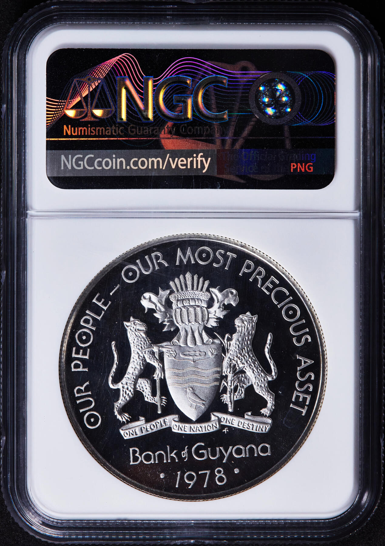 【俄甄集藏】2025年(044)11-12星期三晚 19:30 全场包邮 圭亚那1978年独立十周年5元精制纪念大银币，NGC PF67UC，重37.3克，50%银，发行量3825枚