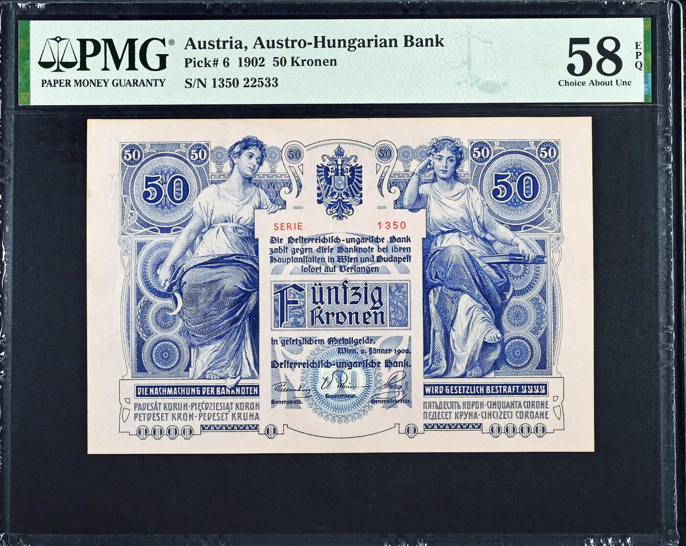 【Blue Auction】世界纸币精拍第745期——18级TOP拍卖/信誉/品质/专业/高效💫 【无47 仅2张更高分 早期p6 罕见】奥地利 1902年50克朗 女神雕刻精美 PMG58EPQ 近新原票