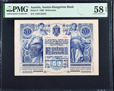 【Blue Auction】世界纸币精拍第745期——18级TOP拍卖/信誉/品质/专业/高效💫 - 【无47 仅2张更高分 早期p6 罕见】奥地利 1902年50克朗 女神雕刻精美 PMG58EPQ 近新原票