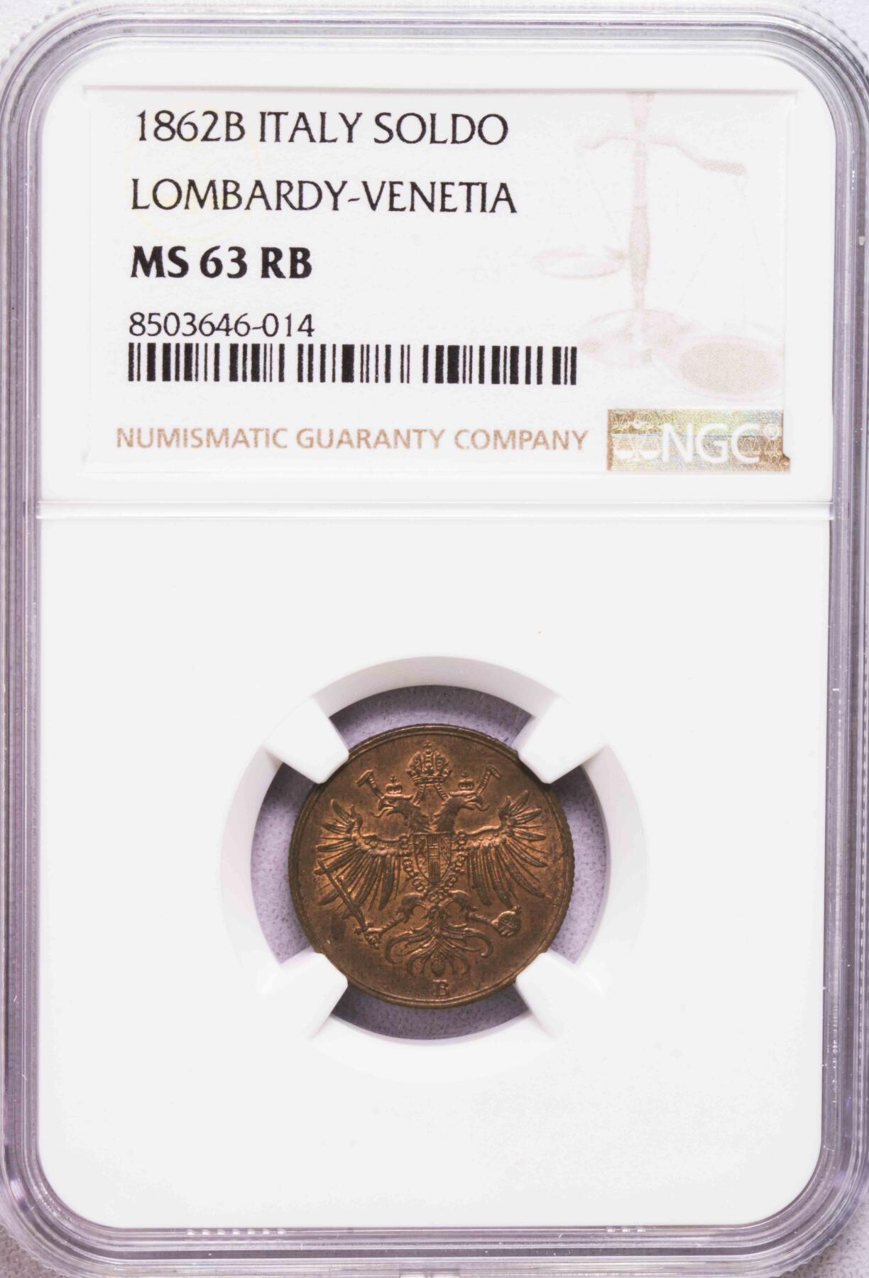 NGC-MS63RB 1862意大利伦巴第威尼斯索尔铜币 原铜光BU