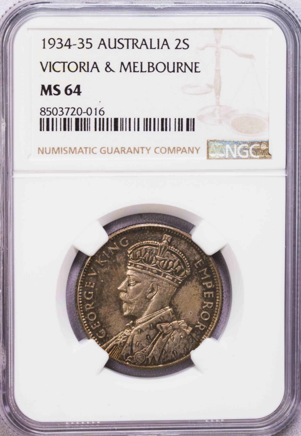 NGC-MS64 1934澳大利亚墨尔本百年福林银币 少见版本