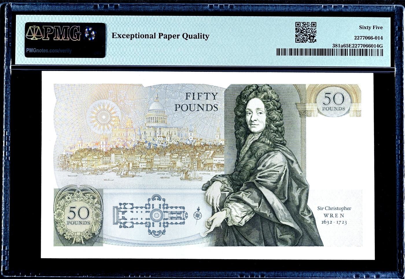 【Blue Auction】世界纸币精拍第745期——18级TOP拍卖/信誉/品质/专业/高效💫 【初版A01首发冠 14极小号非常罕见】英国 D序列1981-88年50镑 PMG65EPQ 从泰晤士河上看到的圣保罗大教堂&圣保罗大教堂俯视图&克里斯托弗雷恩爵士的肖像 （英镑前20几号都是赠送给名人或者特殊机构 十分有意义 14小号据资料显示是给了德纳罗）
