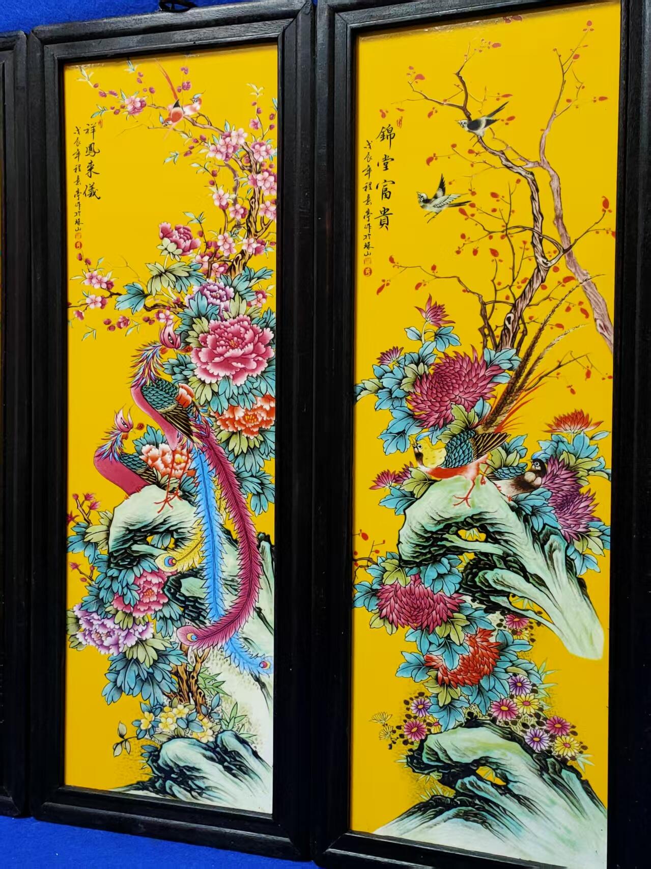 瓷板画四扇屏一套    难得的装饰佳品