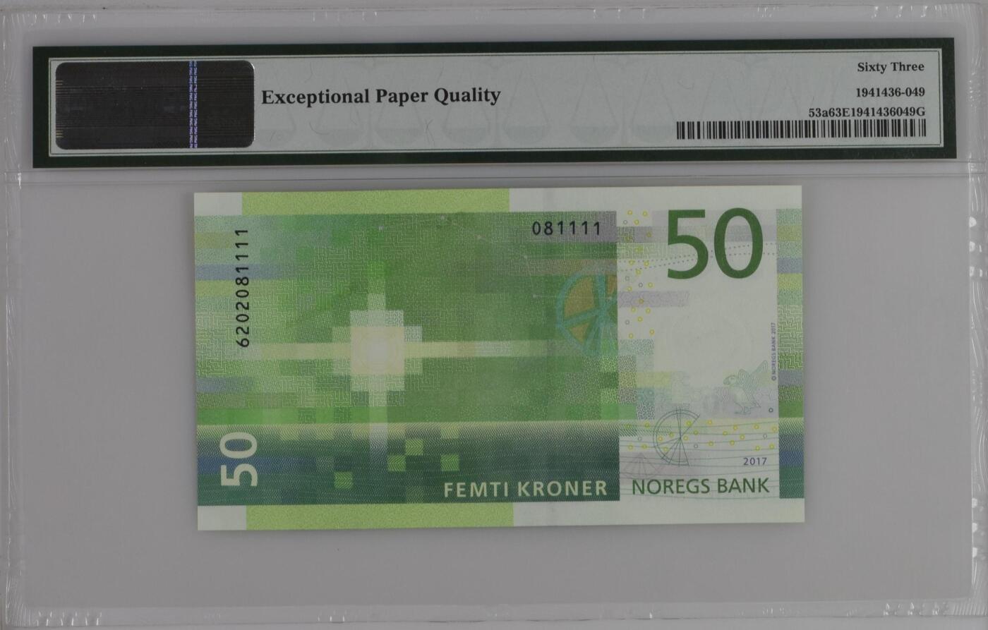 【Blue Auction】世界纸币精拍第745期——18级TOP拍卖/信誉/品质/专业/高效💫 【1111狮子号无47】挪威 2017年50克朗 PMG63EPQ 
