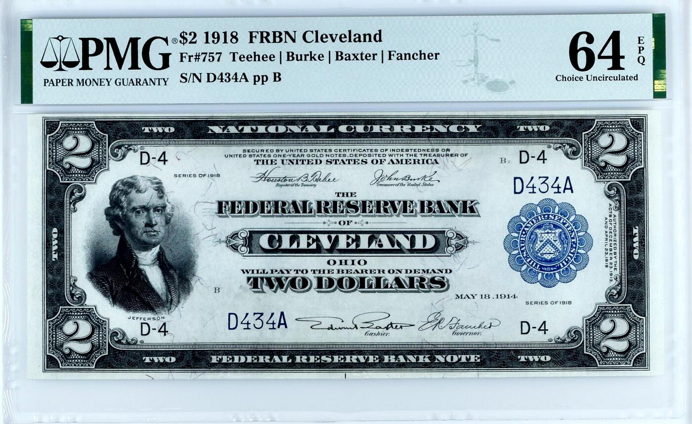 【Blue Auction】世界纸币精拍第745期——18级TOP拍卖/信誉/品质/专业/高效💫  【434雷达号 短号版 百位小号】美国 1918年2美金 FRBN联邦储备银行券 经典BattleShip 军舰雕刻精美 大票幅 杰弗逊 PMG64EPQ 全新原票 克利夫兰版