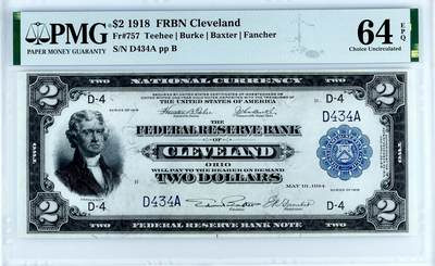 【Blue Auction】世界纸币精拍第745期——18级TOP拍卖/信誉/品质/专业/高效💫 -  【434雷达号 短号版 百位小号】美国 1918年2美金 FRBN联邦储备银行券 经典BattleShip 军舰雕刻精美 大票幅 杰弗逊 PMG64EPQ 全新原票 克利夫兰版